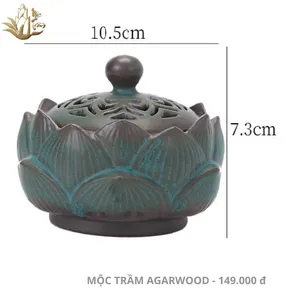 Lư xông đỉnh đốt nhang nụ nhang khoan Trầm hương Hoa sen xanh cao cấp (rộng 10.5 cm)
